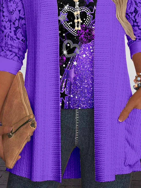 Women Long Sleeve Scoop Neck Love Printed Printed Graphic Pockets Lace Two-Pieced Tops