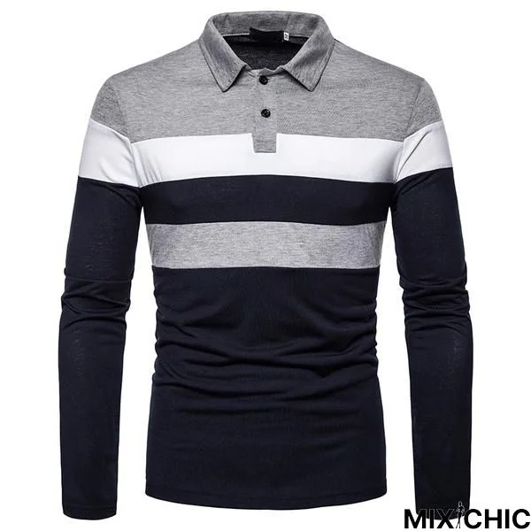 Fashion Men Lapel Long Sleeve Tri-Color Striped Stitching Shirts