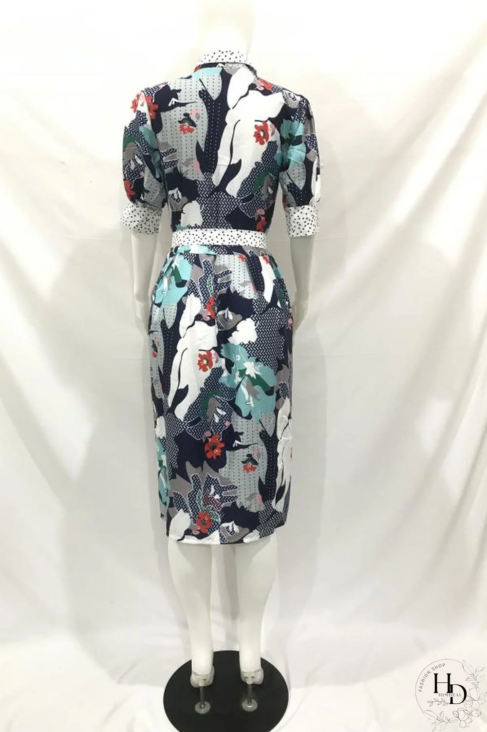 Navy Blue Polyester Fashion Sexy Cap Sleeve Half Sleeves Turndown Collar Step Skirt Mid-Calf fastener Bowknot