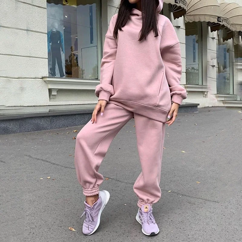 Oversize Heart Printed Fleece Women's Tracksuit Hoodies 2 Piece Set Sweatshirt + Pants Women Sport Suit Winter Sportswear