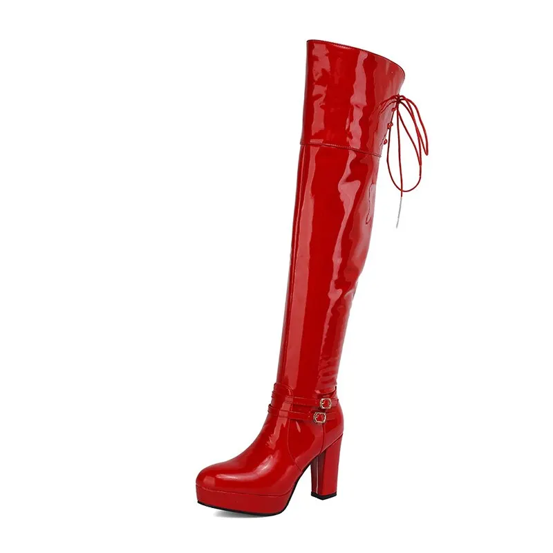 Gdgydh Sexy Nightclub High Boots Women Patent Leather Over The Knee Boots High Heels Platform Side Zipper Comfort Footwar Winter