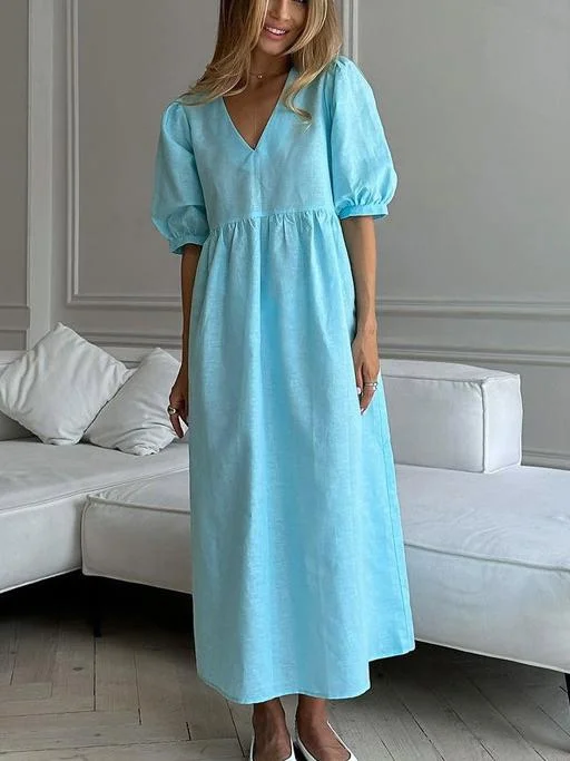 V-neck Puff Sleeve Blue Dress