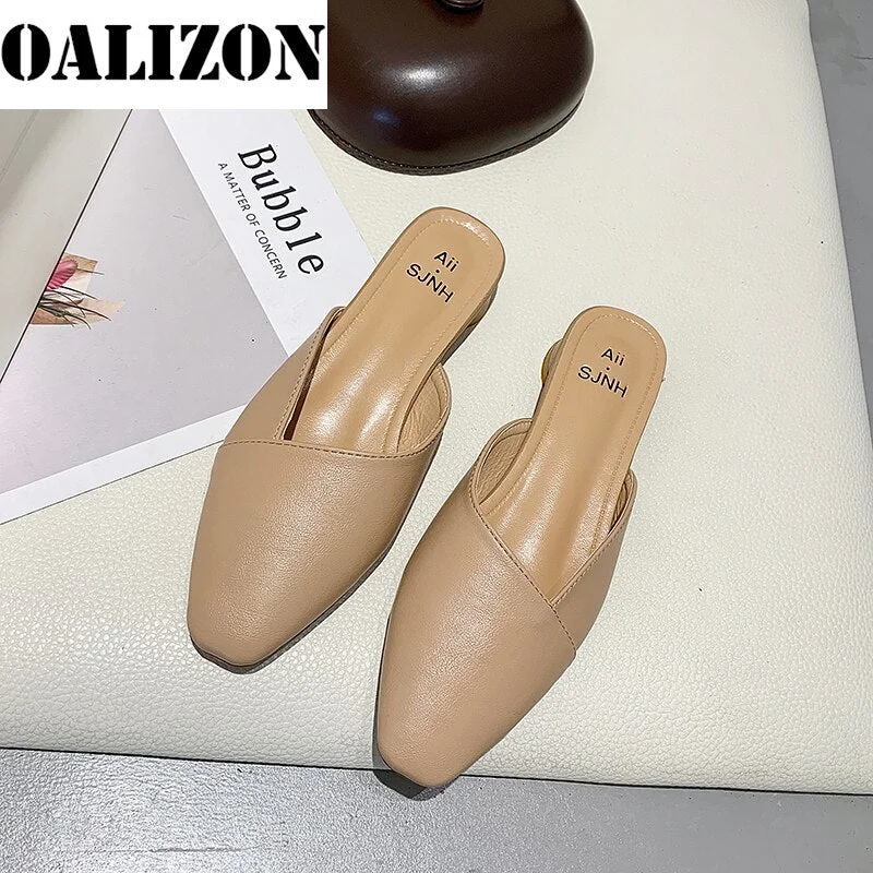 New Fashion Women Low Chunky PU Leather Square Toe Mules Slippers Shoes Lady Woman Summer Casual Sandals Slippers Women's Shoes