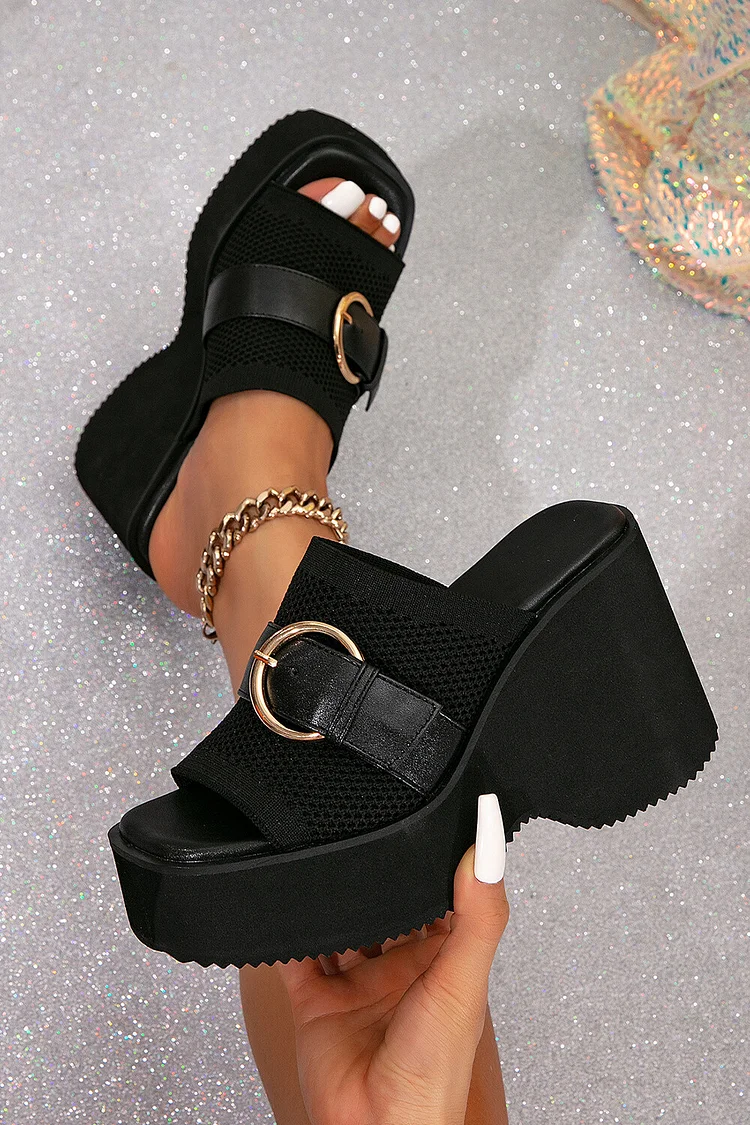 Patchwork Strap Buckle Decor Square Toe Casual Sandals Heels