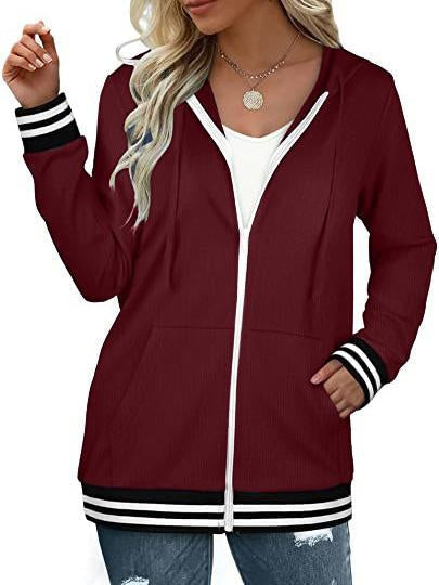 Women's Plain Zip Hooded Striped Sweatshirt Long Sleeve Jacket Top