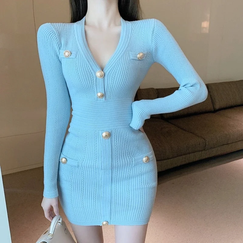 Uforever21 2023 Autumn Winter New Korean Fashion Sweet Knitted Sweater Dress Women Sheath Bodycon Mini Dress Bottomed Robe Femme Vestidos