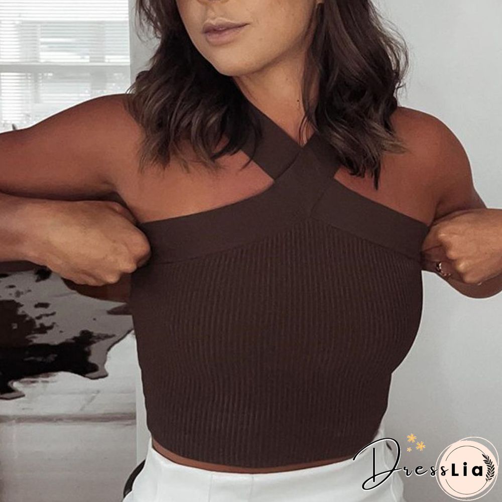 Crinkle Wide Ribbed Rib Criss Cross Halter Crop Top