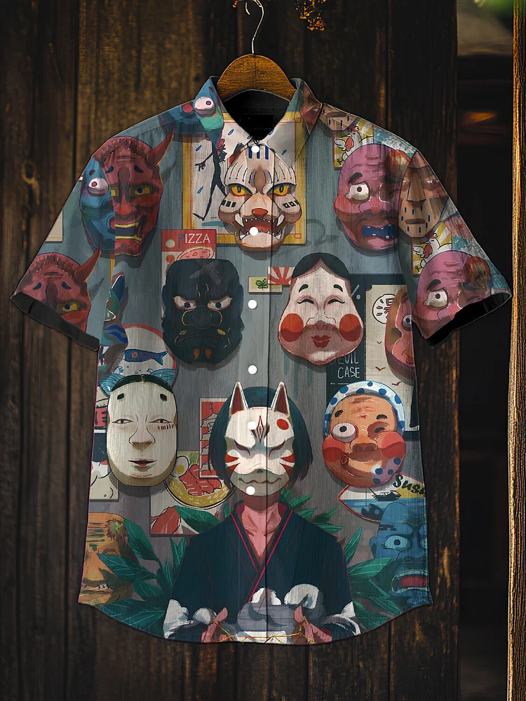 Men's Vintage Japanese Mask Art Print Casual Shirt