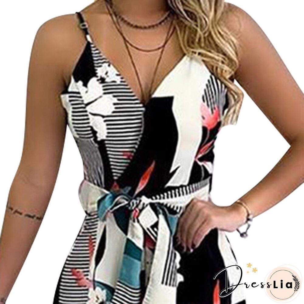 Women Sleeveless Fahion Print Jumpsuits Backless Elegant Office Lady Casual Summer Strap Sexy V Neck Belt Wide Leg Romper D30