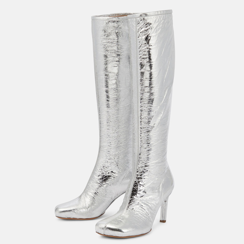 GOOSHOE Back Zipper Thin Heels Women Solid Suede Knee High Boots Silver Long Booties Square Toe Shoes