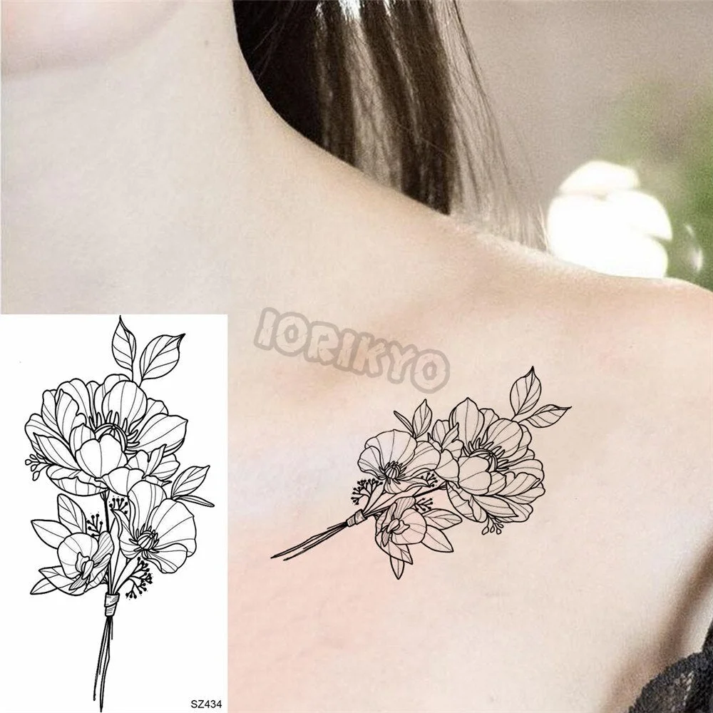 Black Rose Flower Temporary Tattoos For Women Girls Realistic Cosmic Moon Thorns Fake Tattoo Sticker Forearm Tatoos Legs Wedding