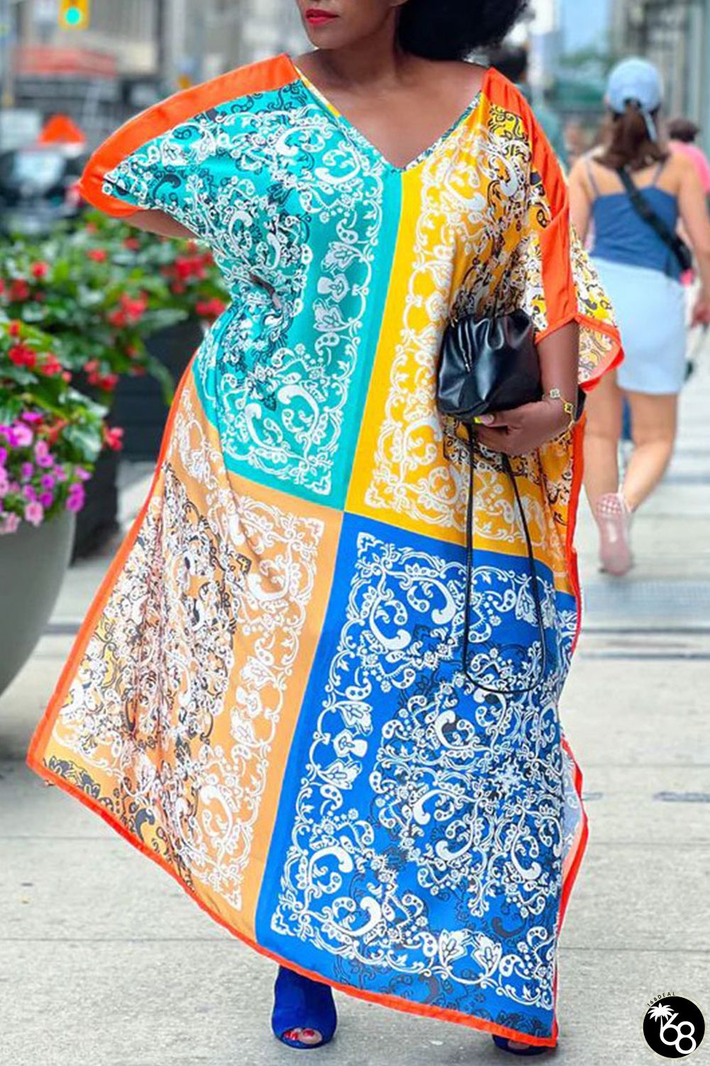 Green Yellow Casual Street Print Patchwork Slit V Neck Irregular Dress Plus Size Dresses | 168DEAL