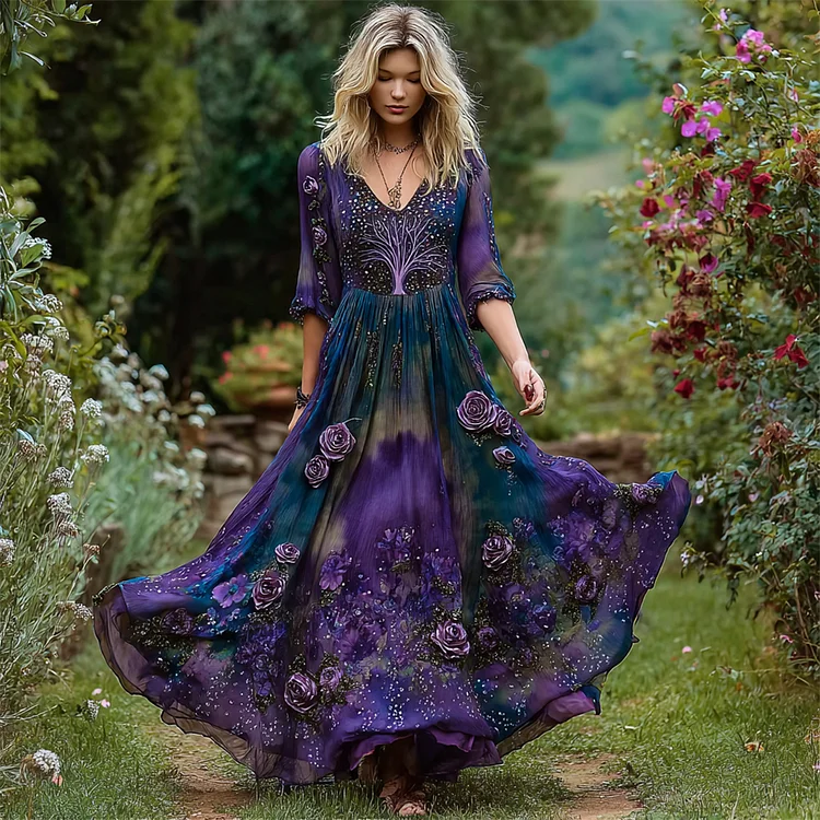 Viking Tree Of Life Embroidered Floral Women's Flowing Maxi Dress