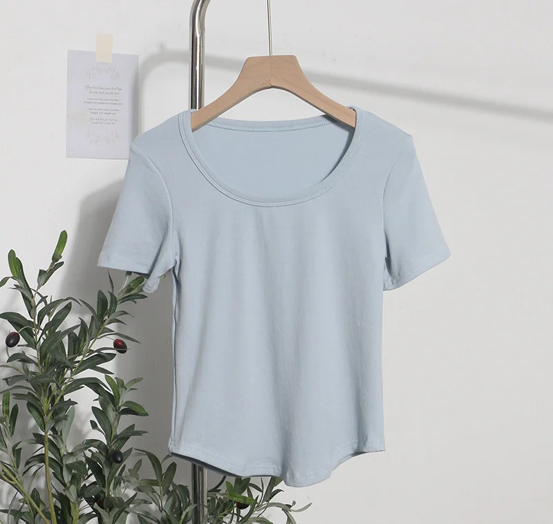 Breakj Solid Color Irregular U-Neck Short-Sleeved T-Shirt Woman Xia Slimming Leisure Short Coat 1809