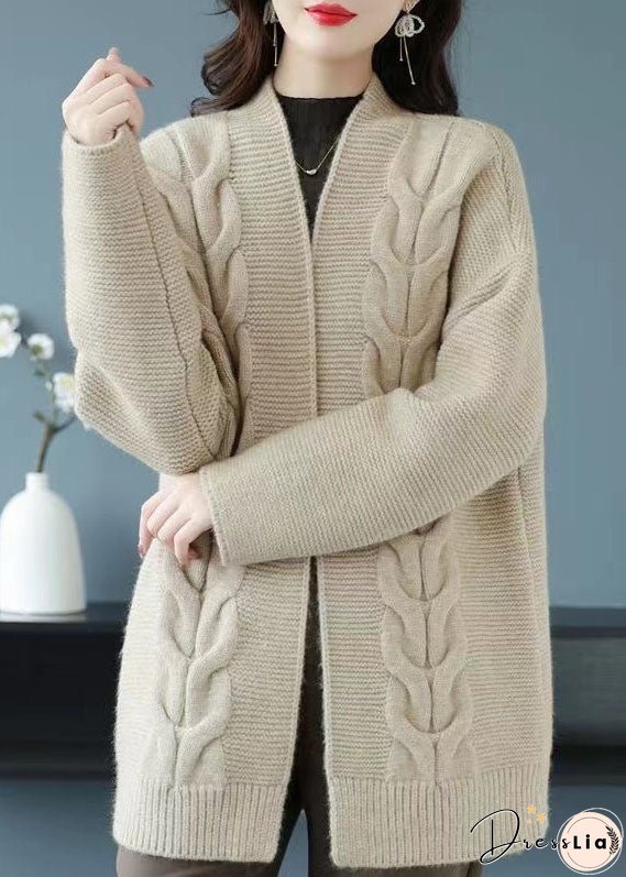 Loose Beige V Neck Patchwork Thick Wool Knit Cardigan Fall