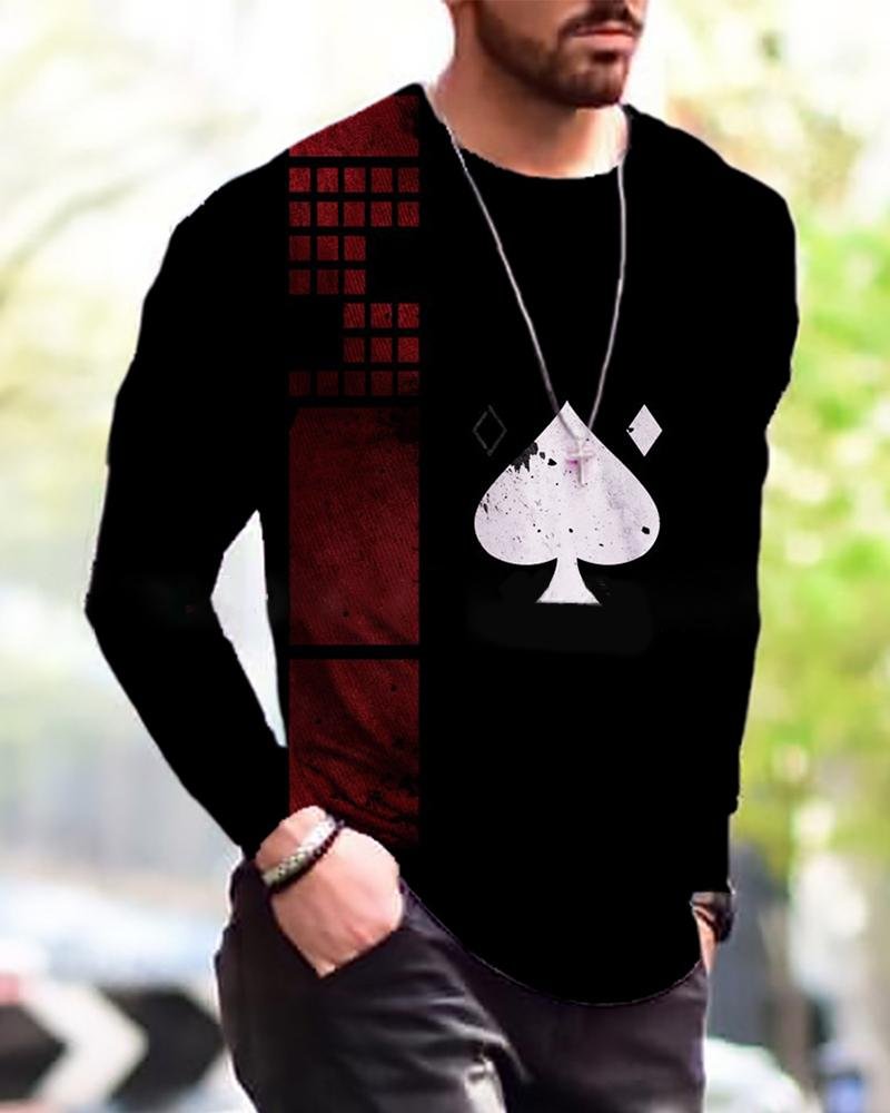 men's poker printed long-sleeved T-shirt