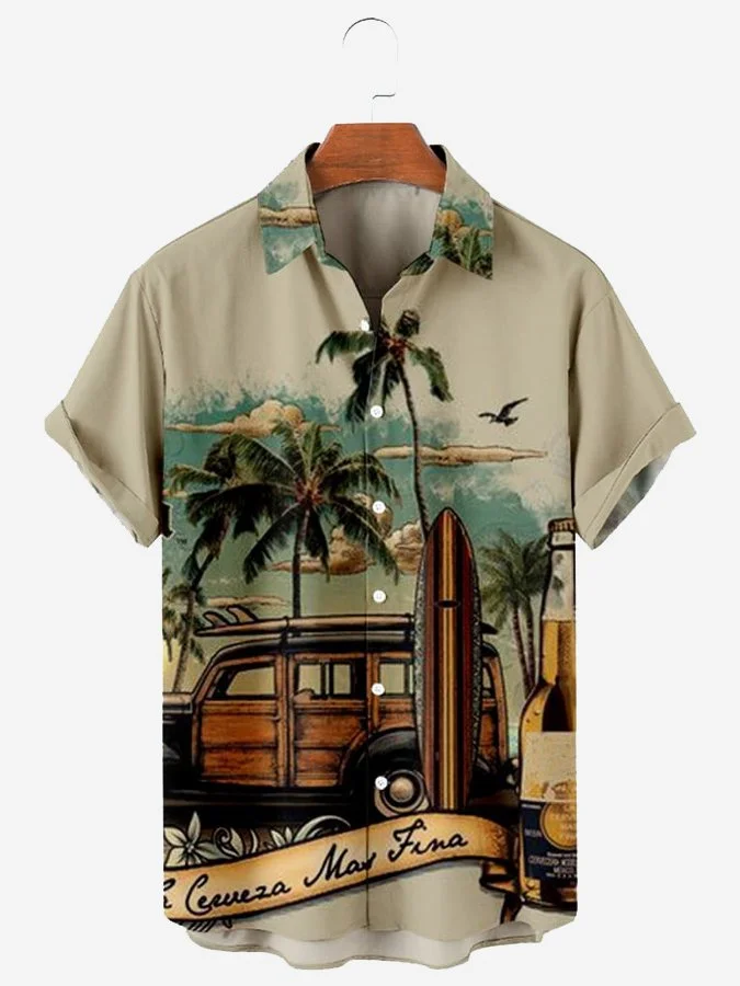 Men's Casual Hawaiian Shirt Beach Landscape Print Short Sleeve Cotton Blend Shirt
