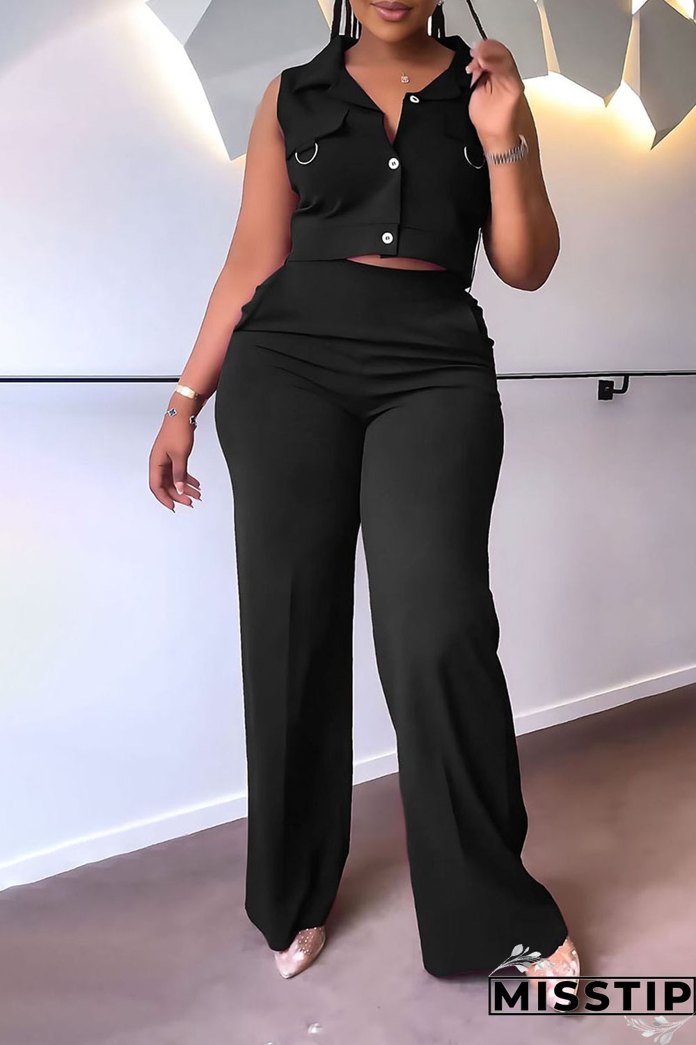 Blue Casual Elegant Solid Patchwork Buckle Turndown Collar Sleeveless Two Pieces