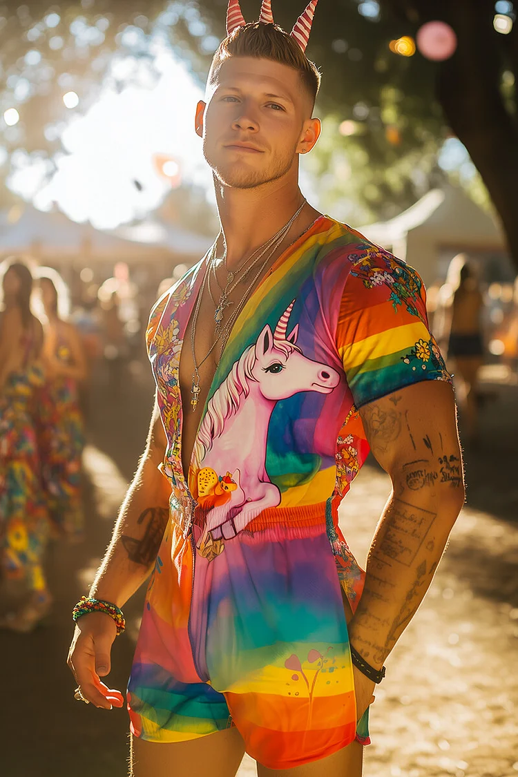 Ciciful Men's Rainbow Graphic Print Deep V Neck Pride Romper