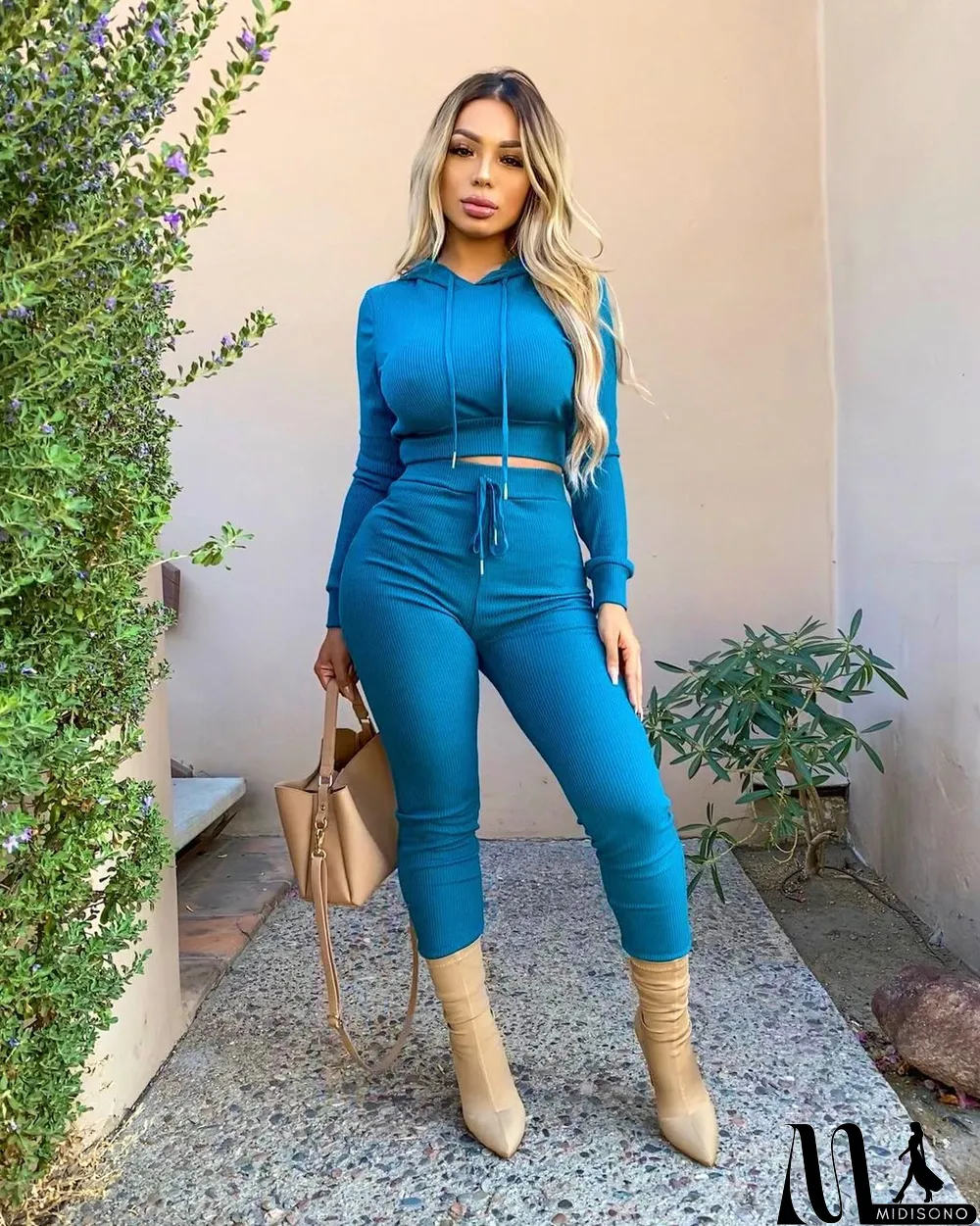 MidiSono - Autumn Knitted Solid Stretchy Hoodie Sweatpants Two Piece Set