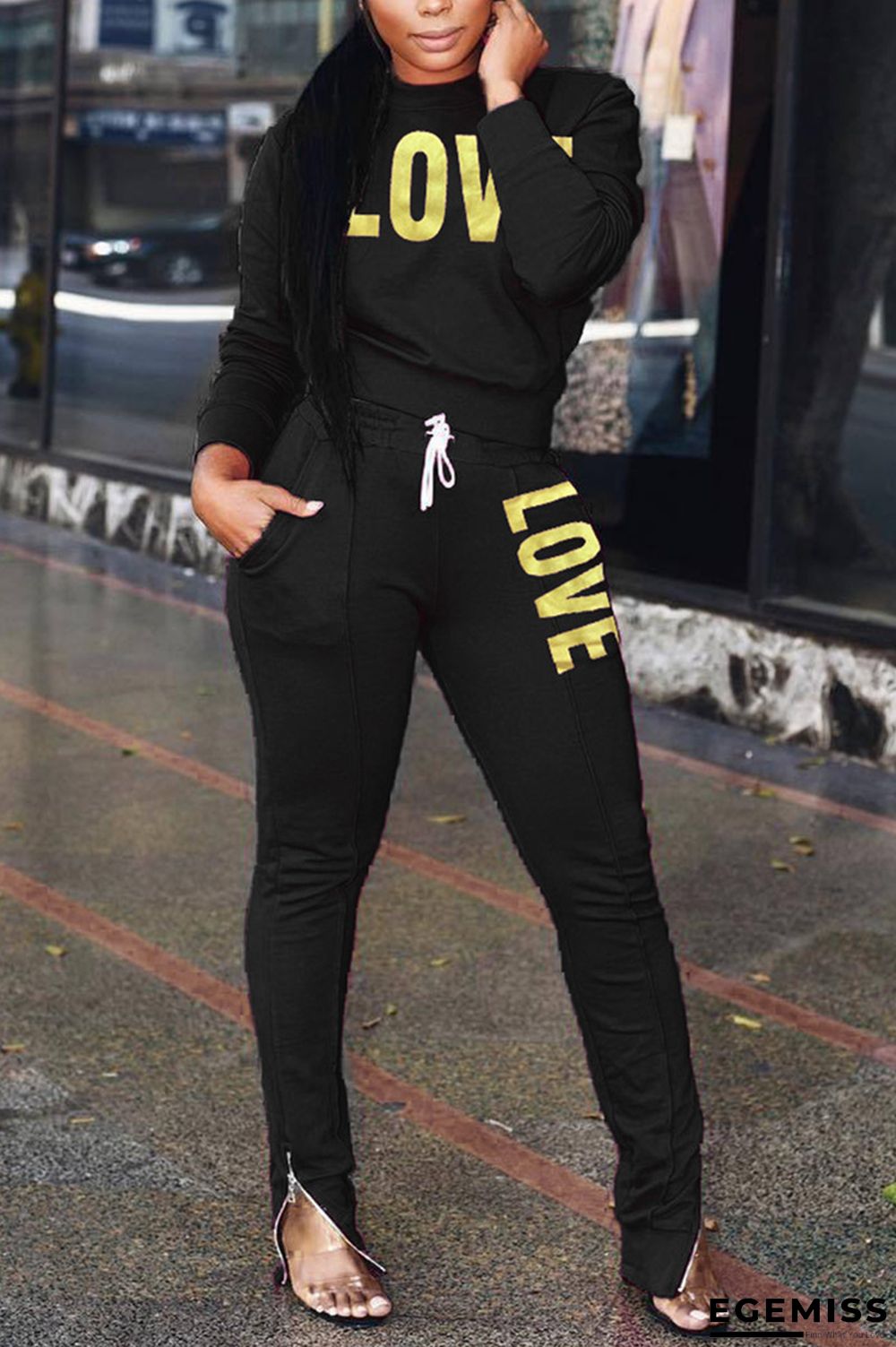 Black Fashion Casual Letter Print Letter O Neck Long Sleeve Two Pieces | EGEMISS