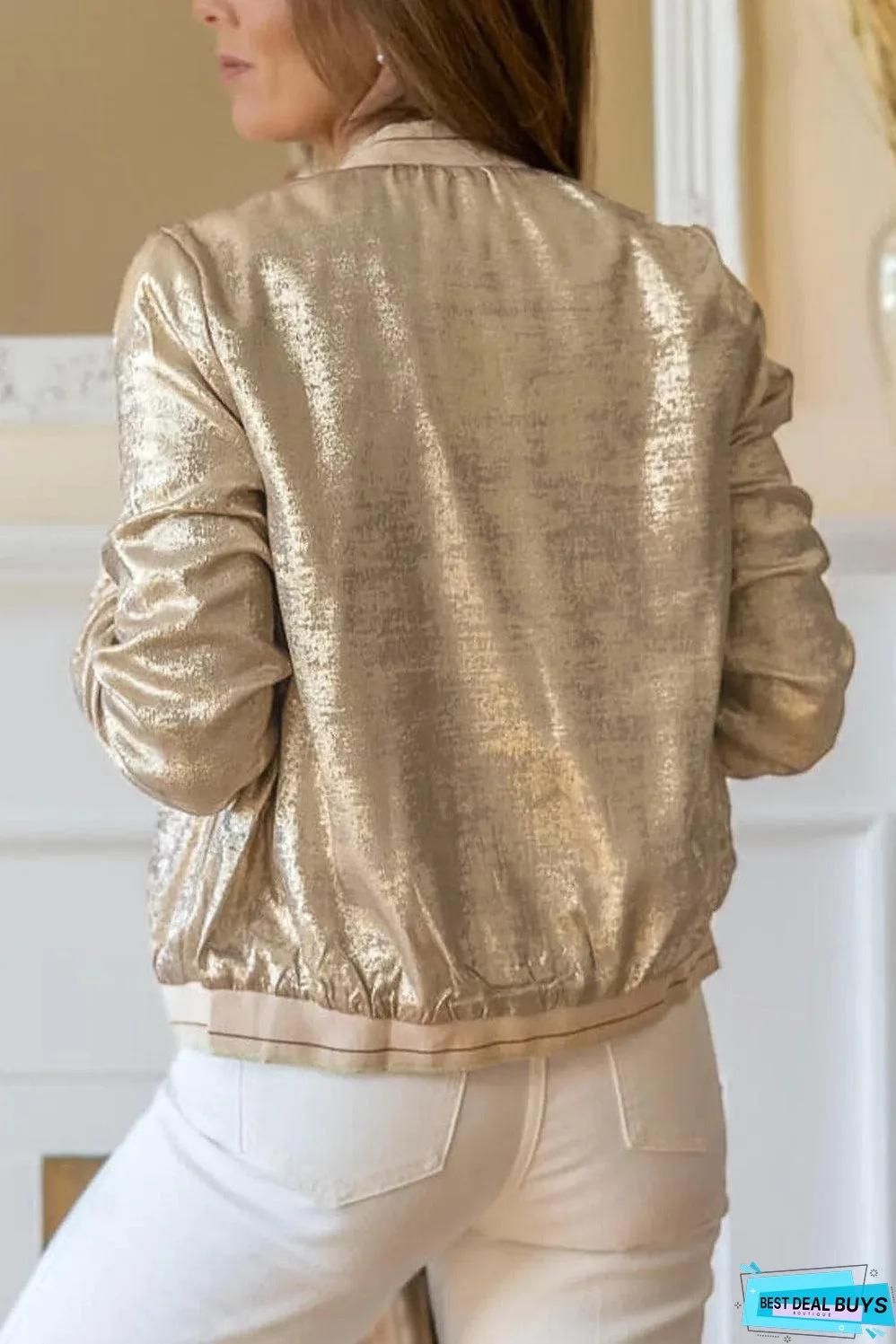 Pale Khaki Metallic Zip up Baseball Jacket
