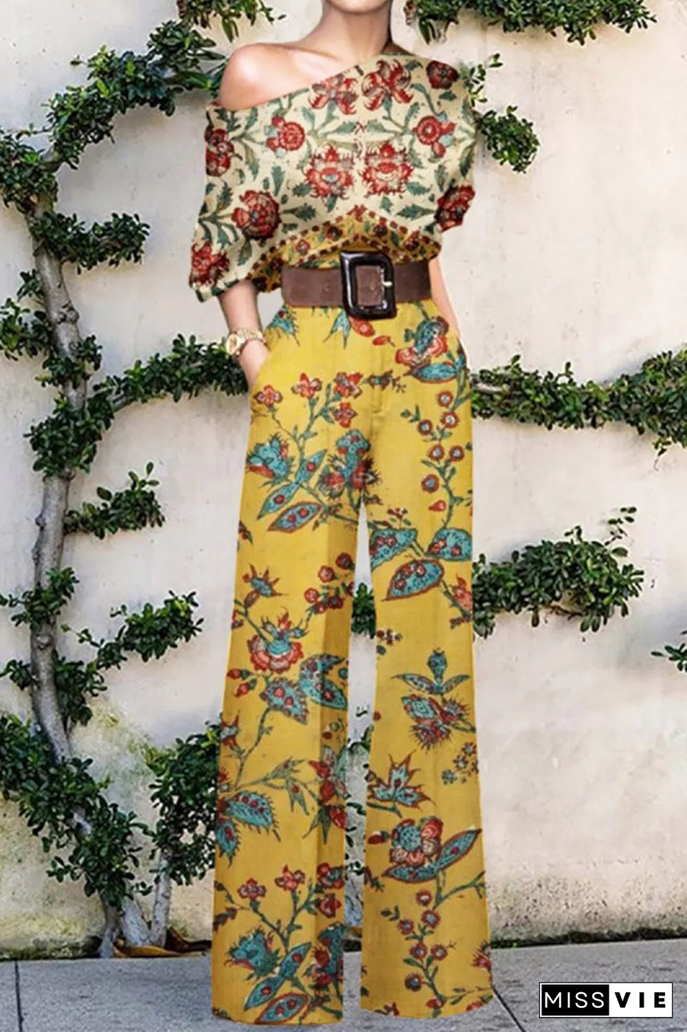 Fashion Casual Print Without Belt One Shoulder Loose Jumpsuits(10 Colors)