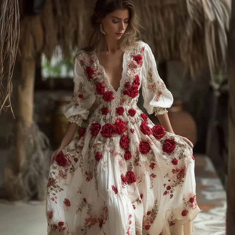 Bohemian Style Red Rose Retro Cotton And Linen Woman's V-neck Dress
