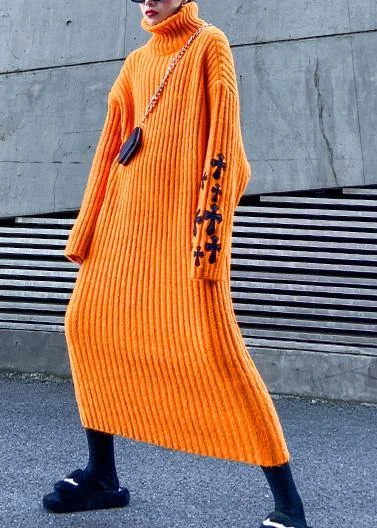 Knitted orange Sweater weather Street Style Appliques Tejidos high neck sweater dresses