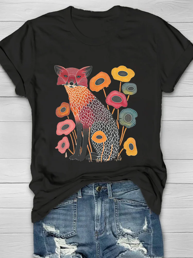 Cute Fox With Flowers Printed Crew Neck Women's T-shirt