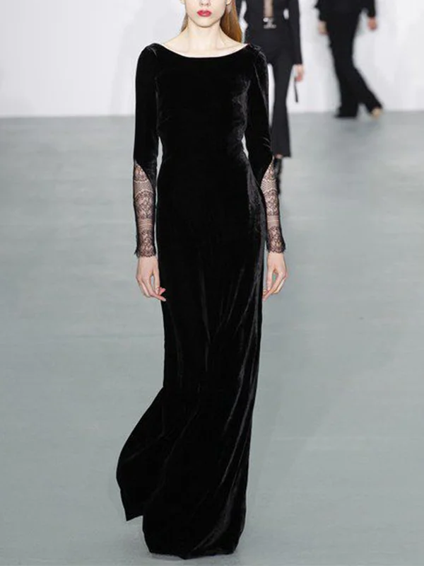Round neck solid color corduroy maxi dress