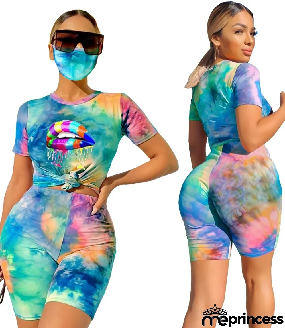 Summer Tie Dye Two Piece Shorts Set with Face Cover