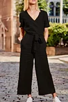 SHORT SLEEVE SOLID COLOR LACE-UP V NECK SOFT ROMPER JUMPSUIT