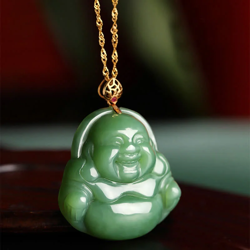 Laughing Buddha 925 Sterling Silver Hetian Cyan Jade Luck Chain Necklace Pendant