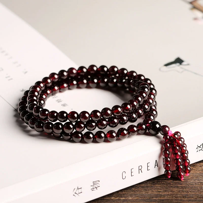 Chinese Natural 108 Purple Garnet Beads Tassels Mala Bracelet