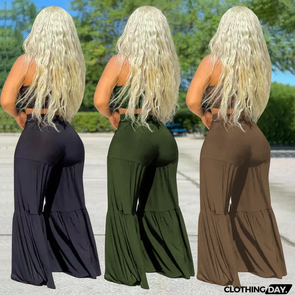 Plus Size Casual Solid Color Sling Top Loose Pants 2 Piece Sets