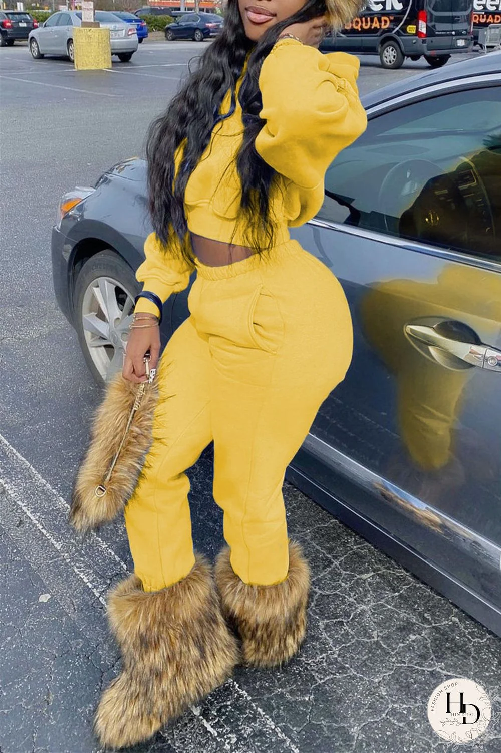 Yellow Fashion Casual Solid Split Joint Hooded Collar Long Sleeve Two Pieces