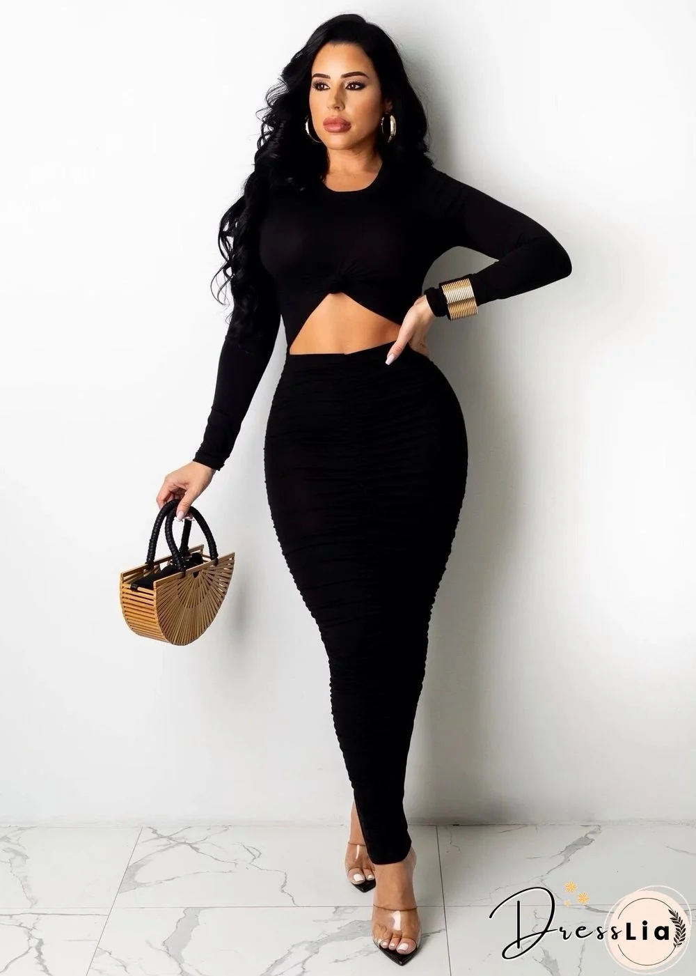 Solid Pleated Long Sleeve Hollow Out Bodycon Dress