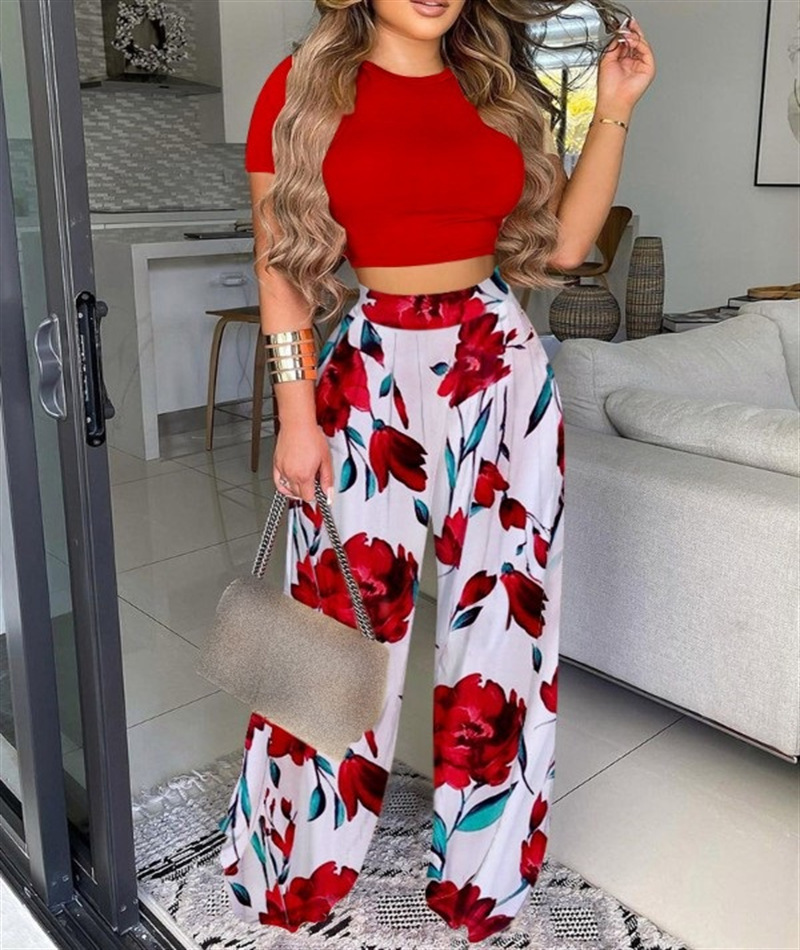 Wheelorx Elegant Women's Two Piece Sets Summer Solid O-neck Short Sleeve Slim Crop Short Top & Print High Waist Wide Leg Pants Outfits