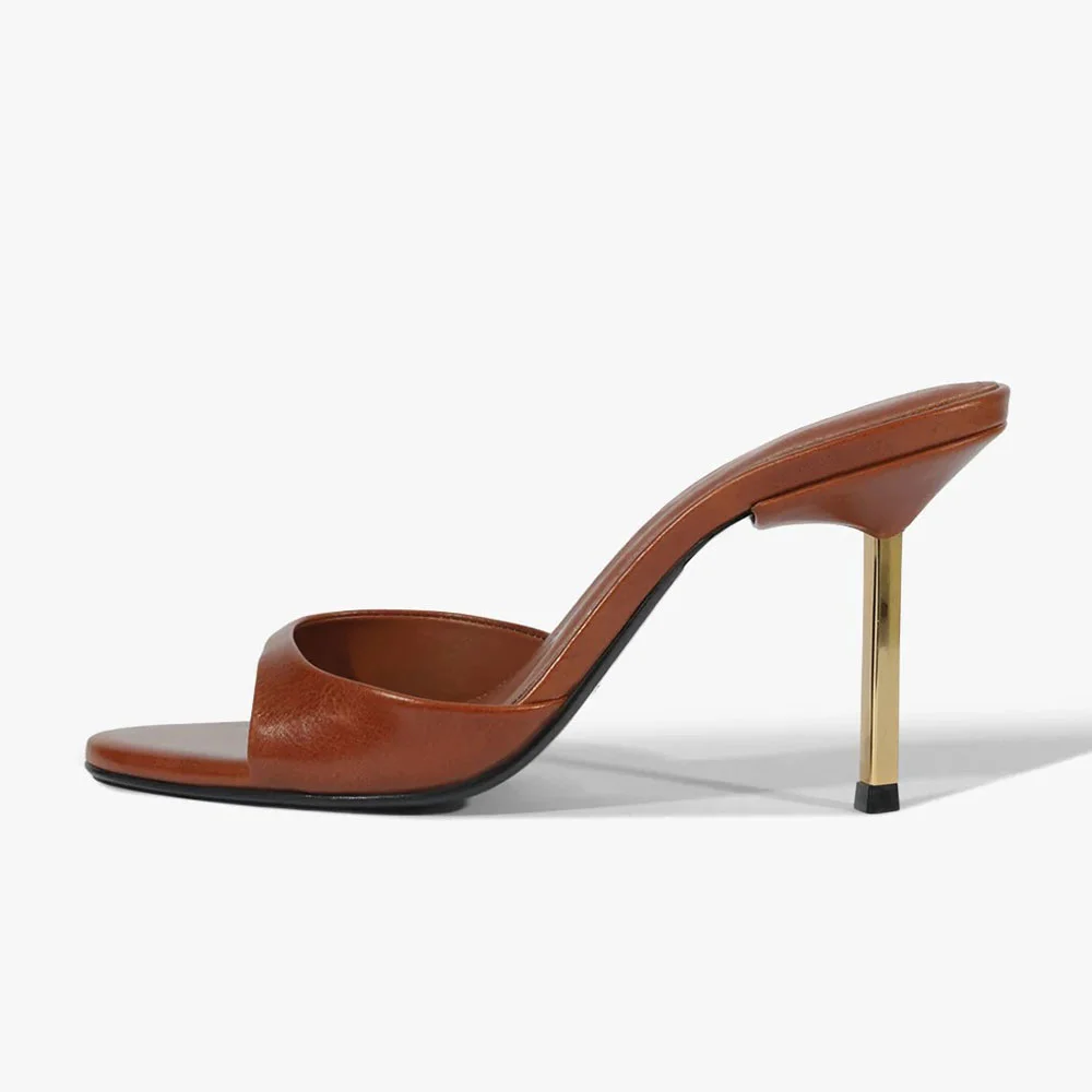 Brown Open Round Toe Slip On Women's Mules Shoes with Stiletto Heel