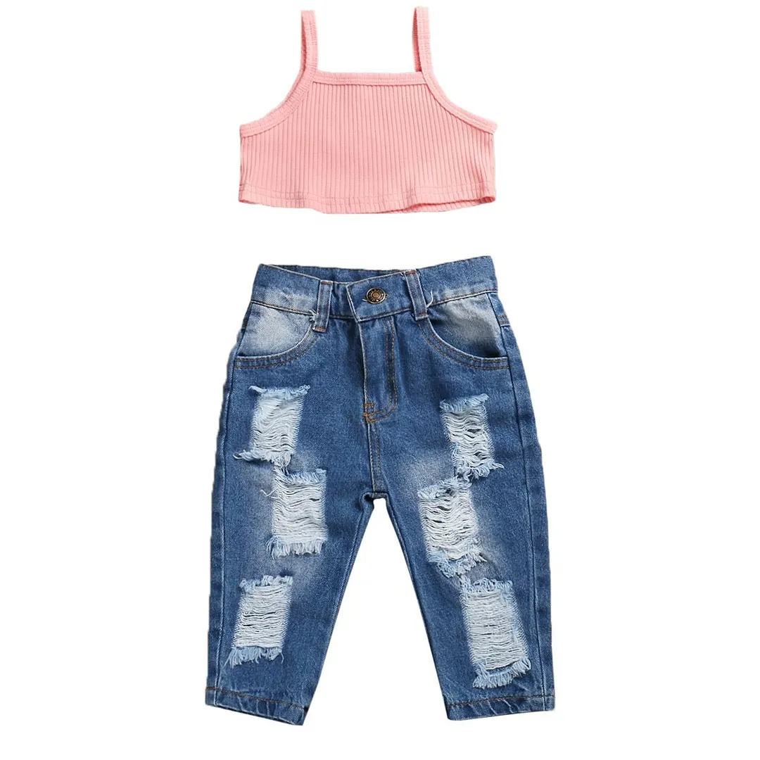 2020 Baby Summer Clothing Kids Baby Girls Fashion 2Pcs Outfit Set Sleeveless Solid Ribbed Crops Top and Ripped Jeans Pants Set