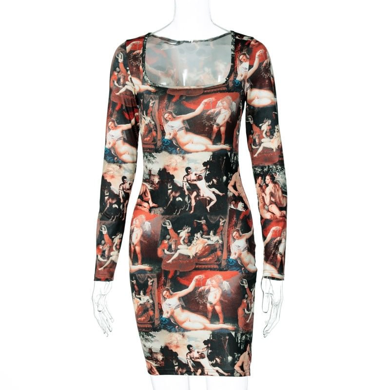 Dulzura Oil Painting Vintage Women Mini Dress Long Sleeve Bodycon Bandage Sexy Streetwear Party Clubwear Elegant 2021 summer