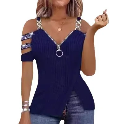 Wongn Wongn Hot Drill V Collar Off-The-Shoulder Metal Sling Zip Shoulder Sleeve Vest T-Shirt Pit Strip Small Shirt Woman