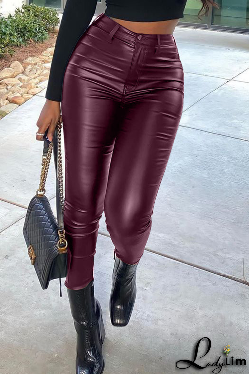 Burgundy Sexy Solid Split Joint Skinny High Waist Pencil Solid Color Bottoms