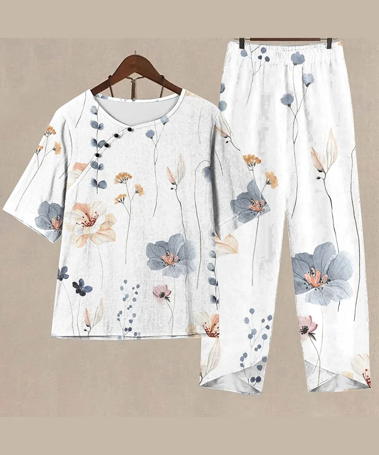 Women's Summer Casual Floral Print Round Neck Two Piece Suit