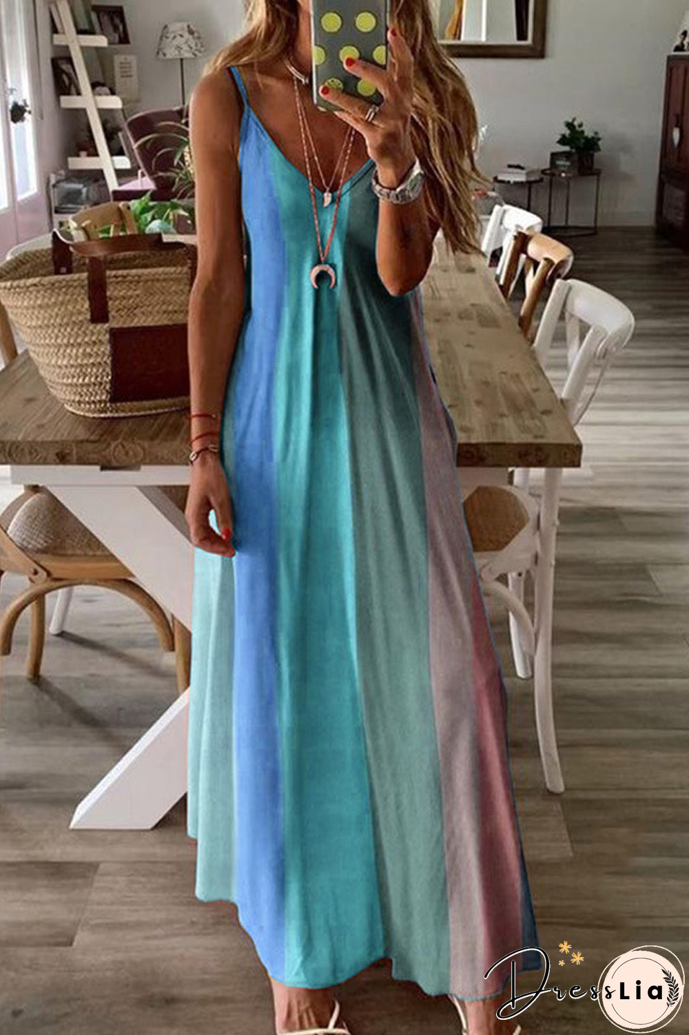 Striped Gradient V-Neck Sleeveless Maxi Dress