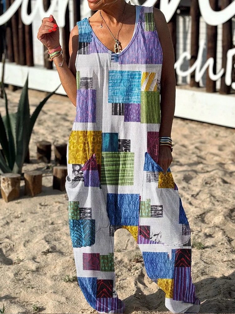 Abstract Floral Pattern Hippie Art Print Casual 100% Cotton Wide Leg Jumpsuit