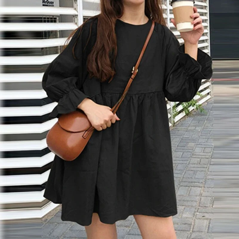 Women Fashion Small Fresh Long Sleeve O Neck Dress Early Autumn Dot Print Mini Dress Ladies Casual Loose High Waist Dresses