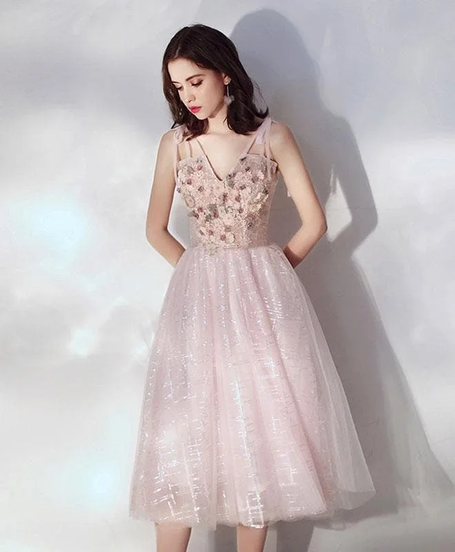 Cute V Neck Tulle Lace Short Prom Dress, Tulle Homecoming Dress