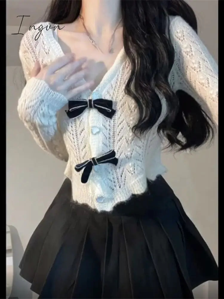 Ingvn - 2023 Autumn Vintage Knitted Suits Women Casual Long Sleeve Y2K Crop Tops Blouse + Black